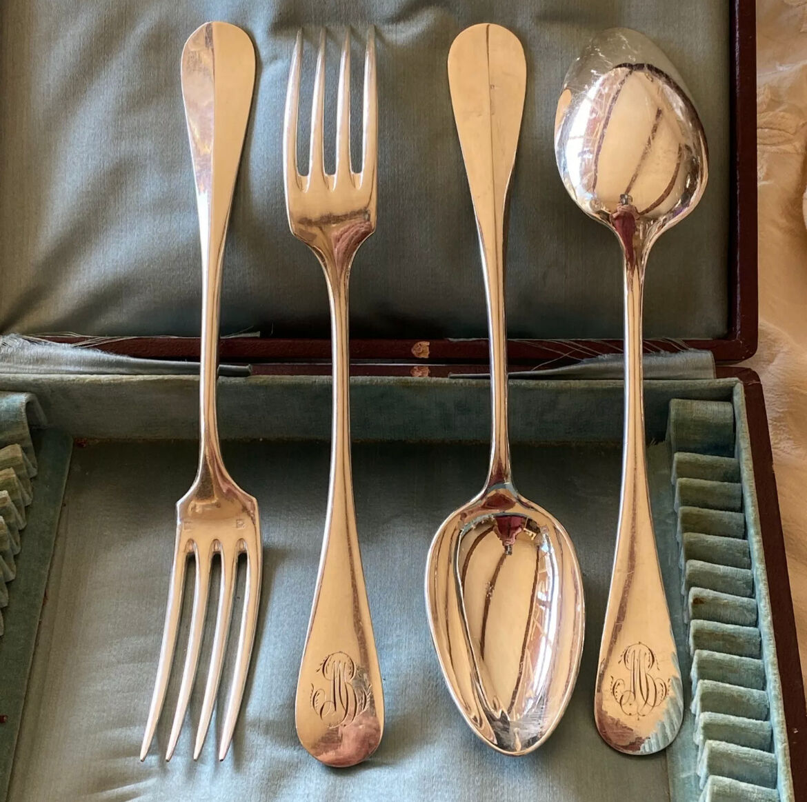 Set of 24 old cutlery: Alfenide housewife, monogrammed Fidelio model