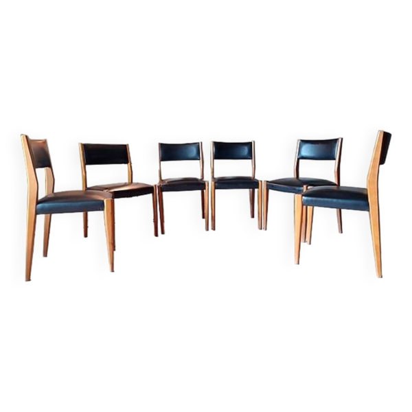 6 chaises scandinave teck et skaï vintage 1960