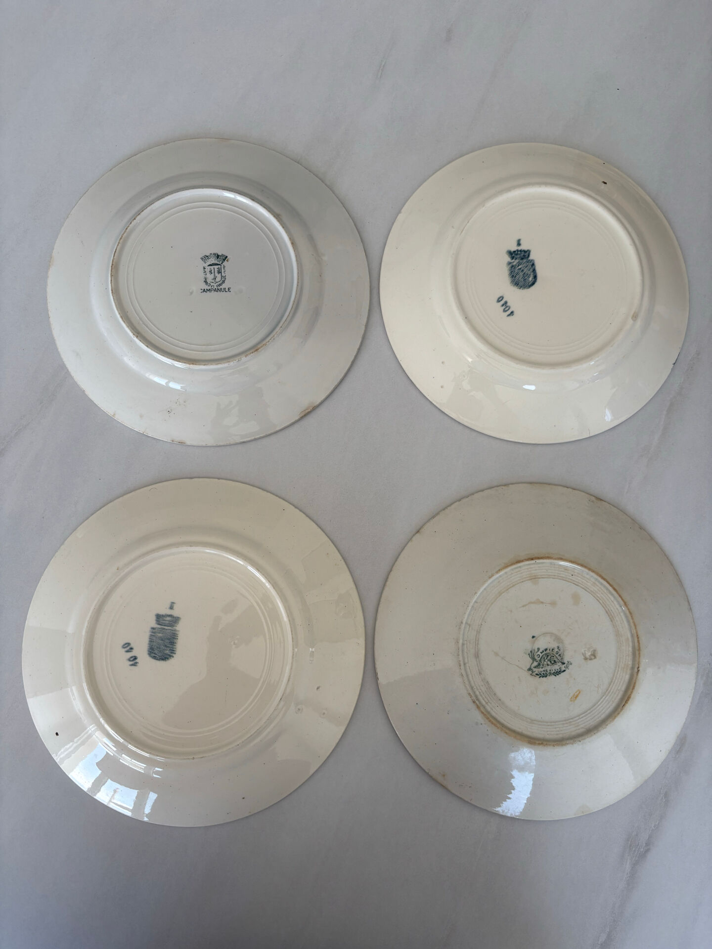 Lot of 6 blue-green ironstone dessert plates, French faience.