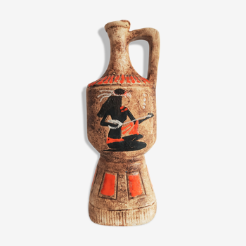 Egyptian pattern ceramic pitcher, red-orange enamels