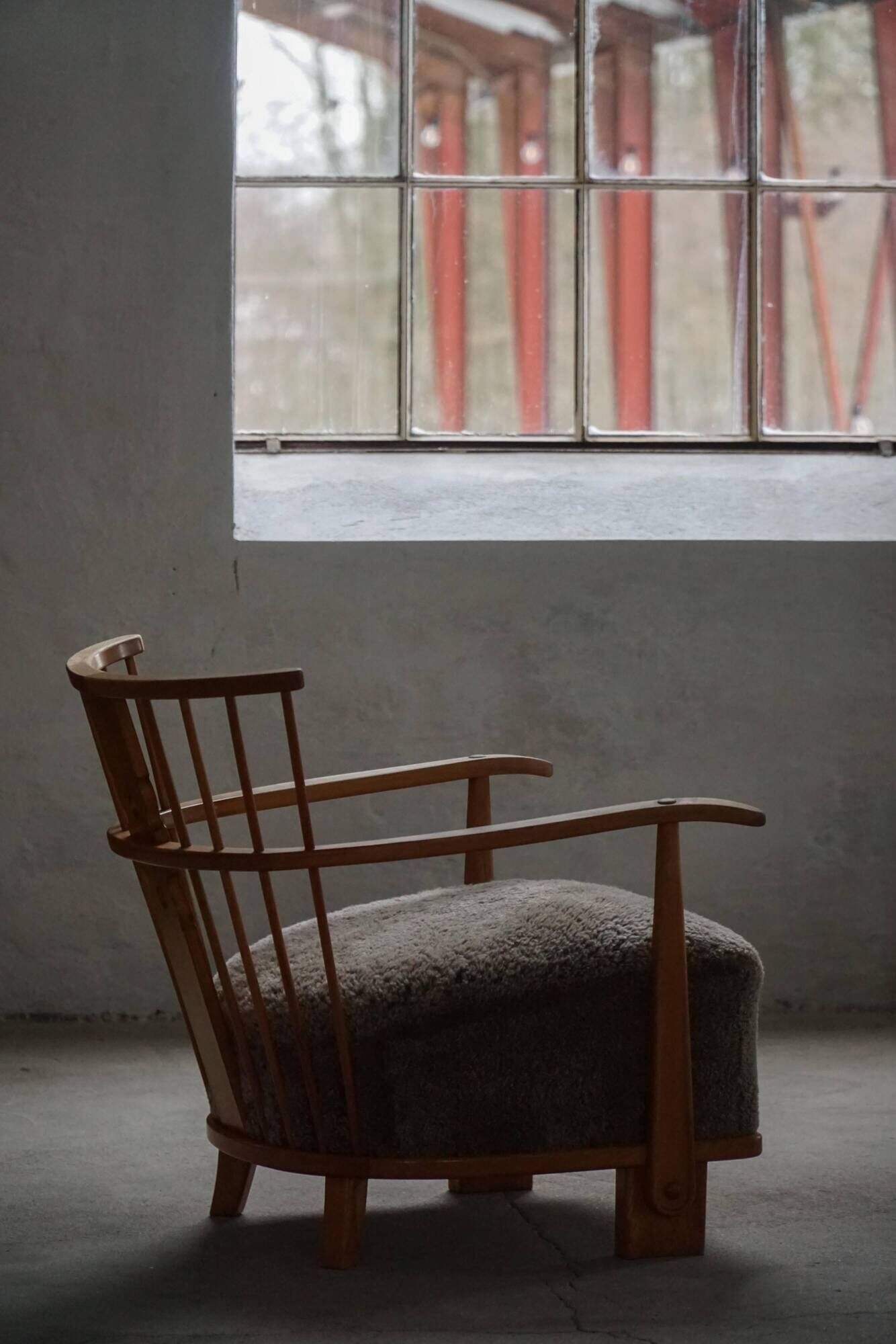 Armchair by Fritz Hansen, Model 1590, Elm & Lambswool, Scandinavian Modern, 1940s