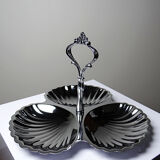 Vintage three-bowl server in silver-plated metal, shell decoration 1970-80.