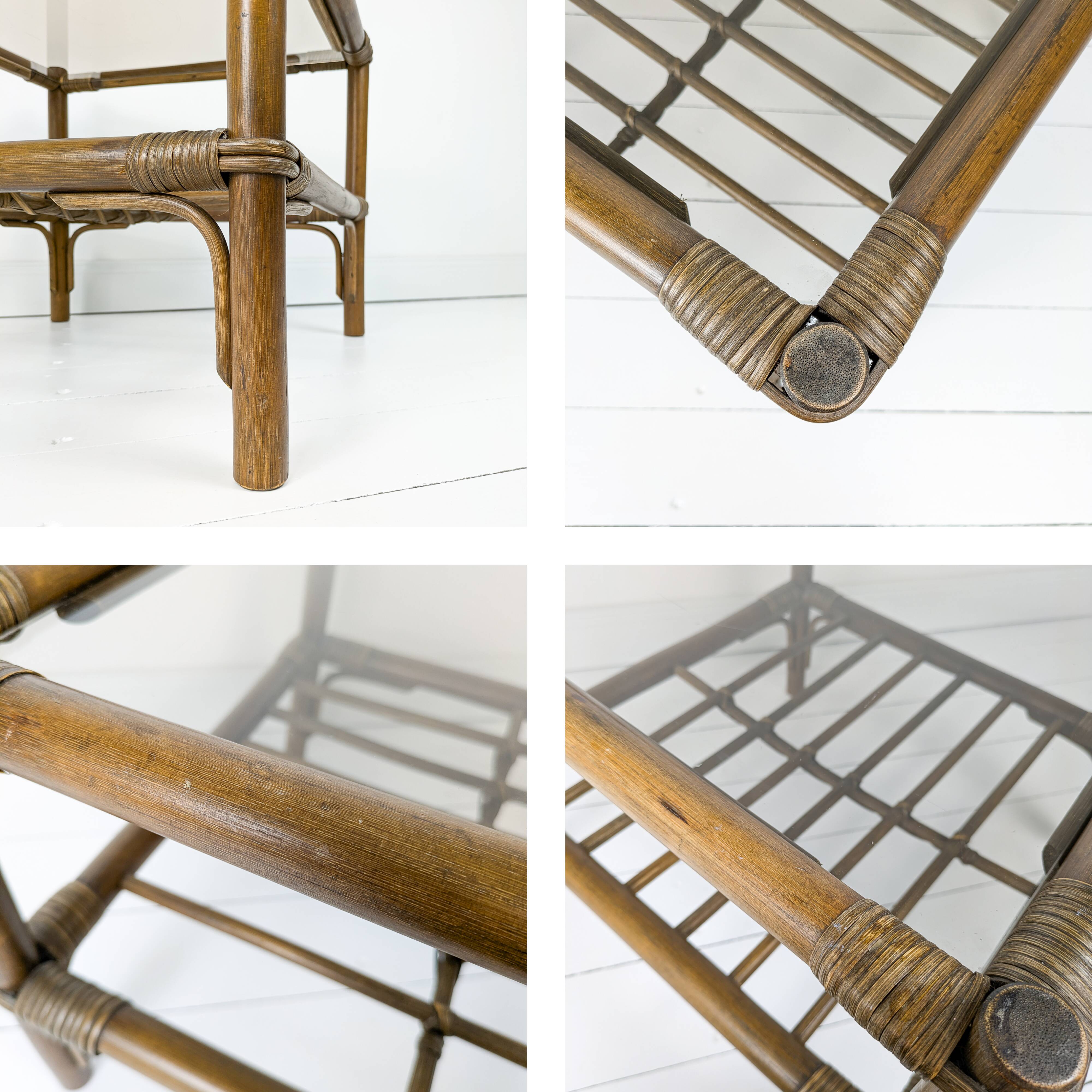 Table basse en bambou marron foncé plateau en verre Mid Century Vintage Rattan Skandi Boho Danish De