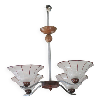 Suspension art déco, lustre 4 feux globe verre givré, lampe de plafond