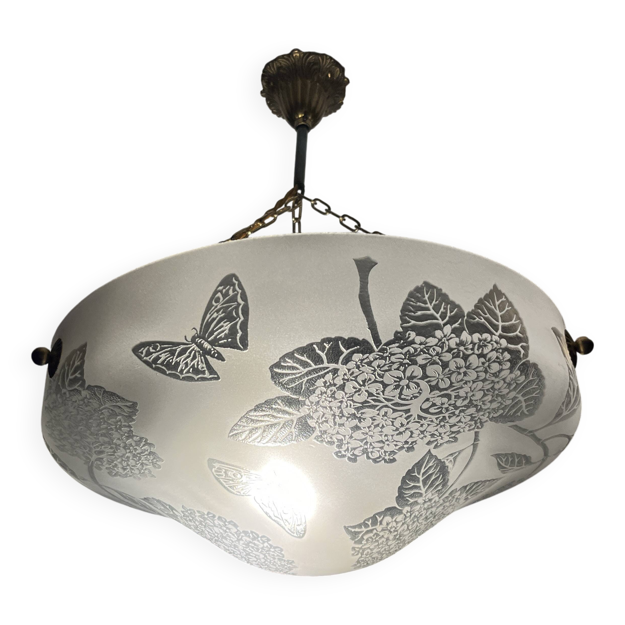 Glass basin decorated with flowers and butterflies Art Deco France Deveau 1925