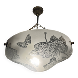 Glass basin decorated with flowers and butterflies Art Deco France Deveau 1925