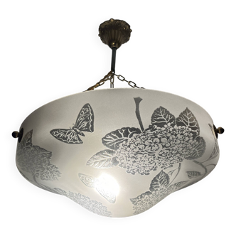 Glass basin decorated with flowers and butterflies Art Deco France Deveau 1925