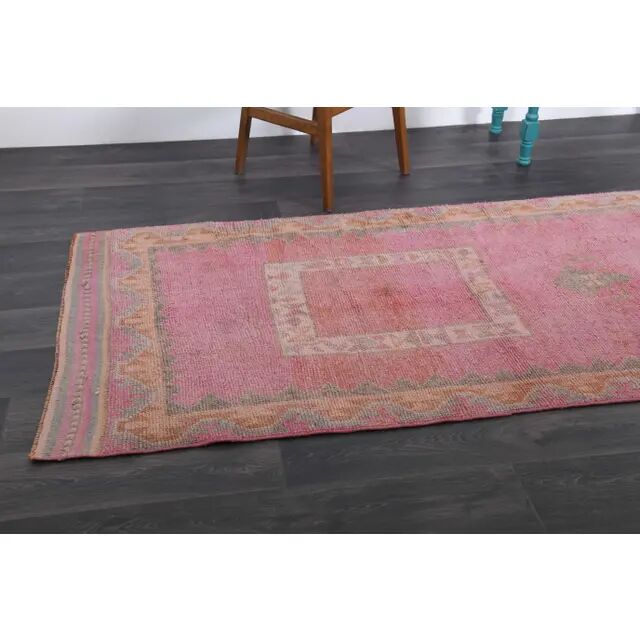 1970s Vintage Turkish Hand-Knotted Wool Cotton Pink Runner Rug 110x361