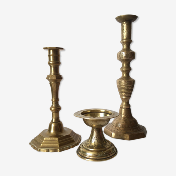 Set of 3 old candle holders in golden brass