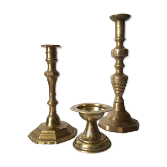 Set of 3 old candle holders in golden brass