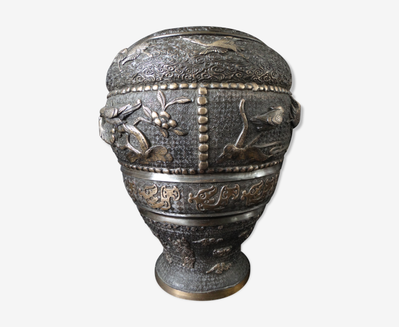 Ancien vase japon bronze 30cm oiseaux grues archaique style XIX