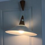 Scandinavian pendant lamp in teak and white metal 70s