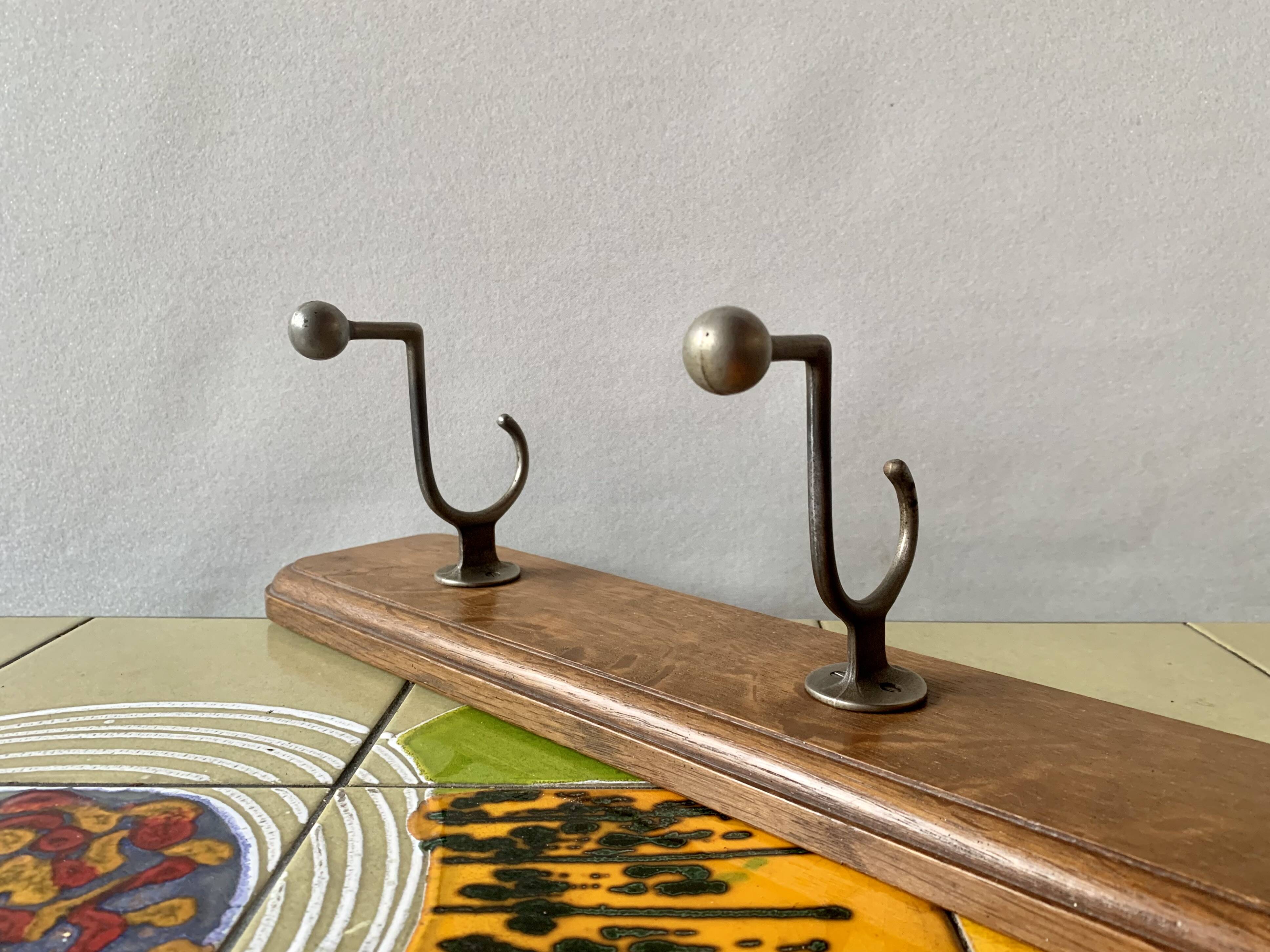 Vintage wooden wall coat rack - 4 steel hooks