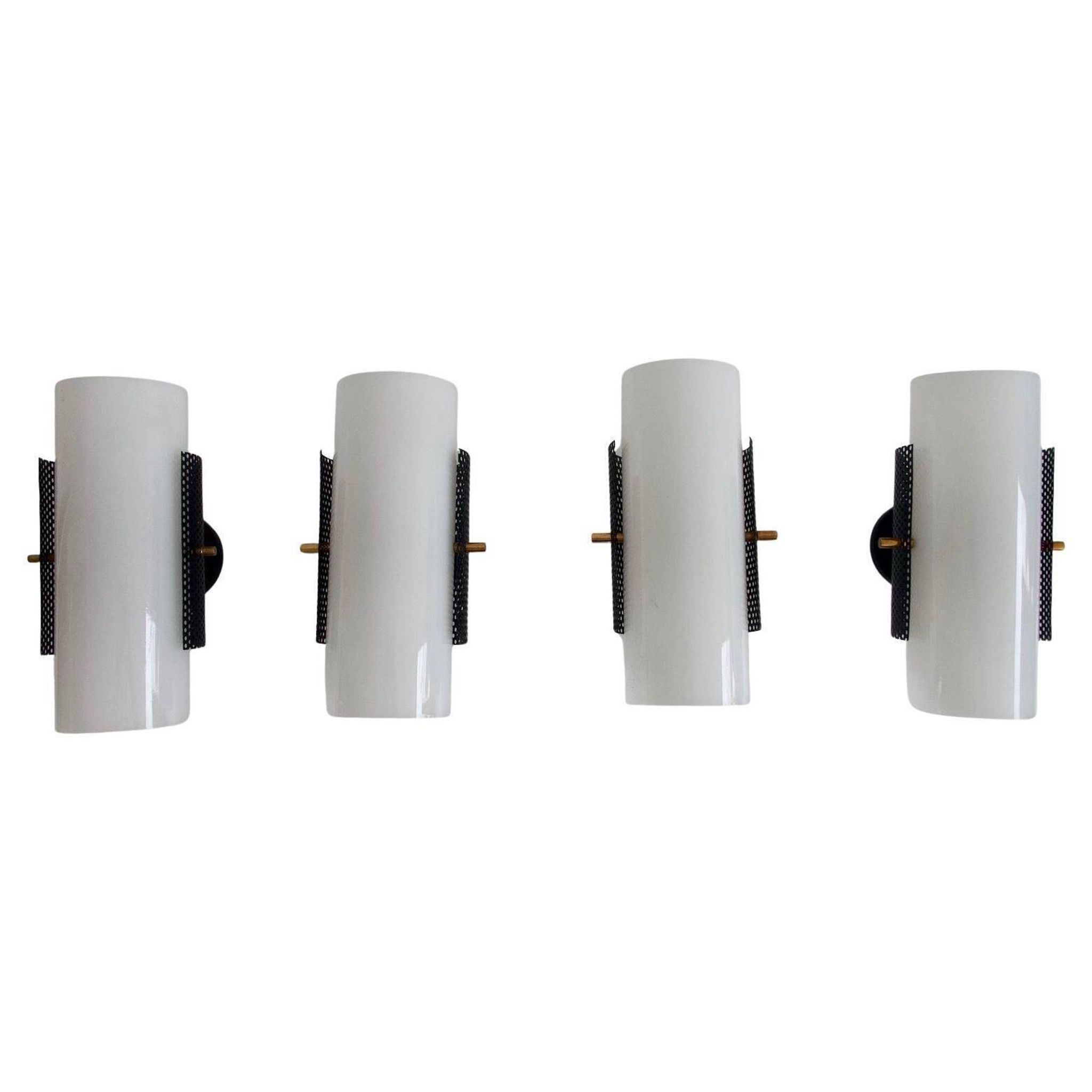 Set of four wall lights in white plexiglass and perforated black metal.