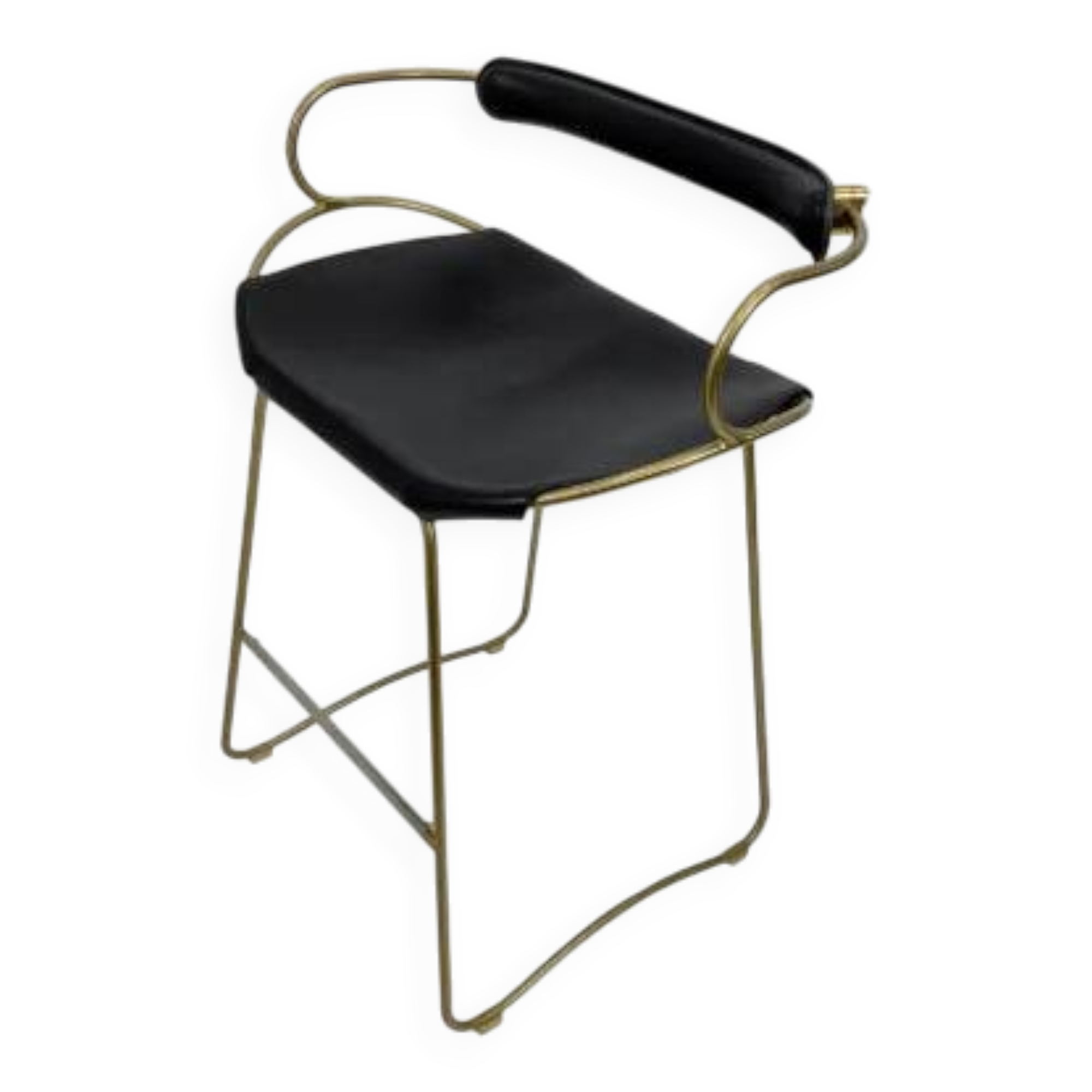 Bar stool with a vintage brass backrest and black leather.