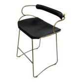 Tabouret de bar avec dossier en laiton vieilli et cuir noir