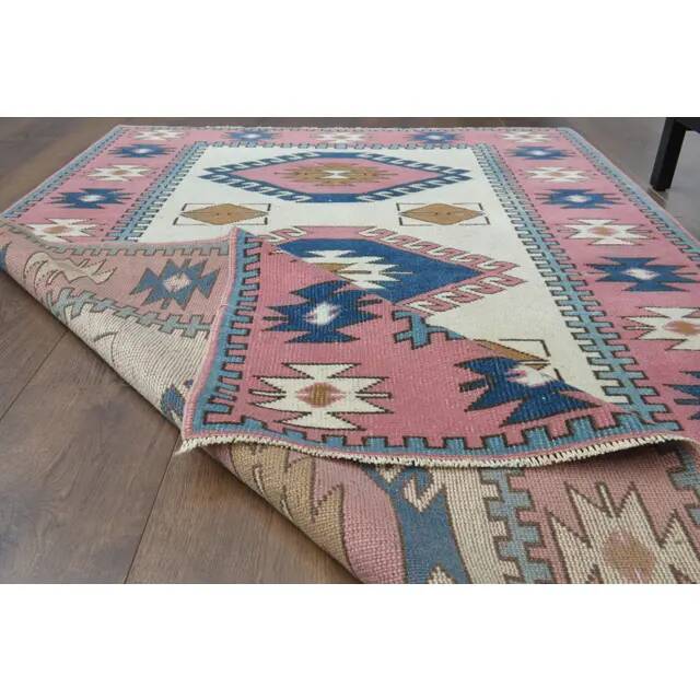 1970s Vintage Turkish Hand-Knotted Wool Cotton Pink Area Rug 120x176