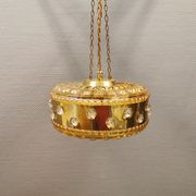 Ceiling-hanging lamp in glass with prisms and metal details