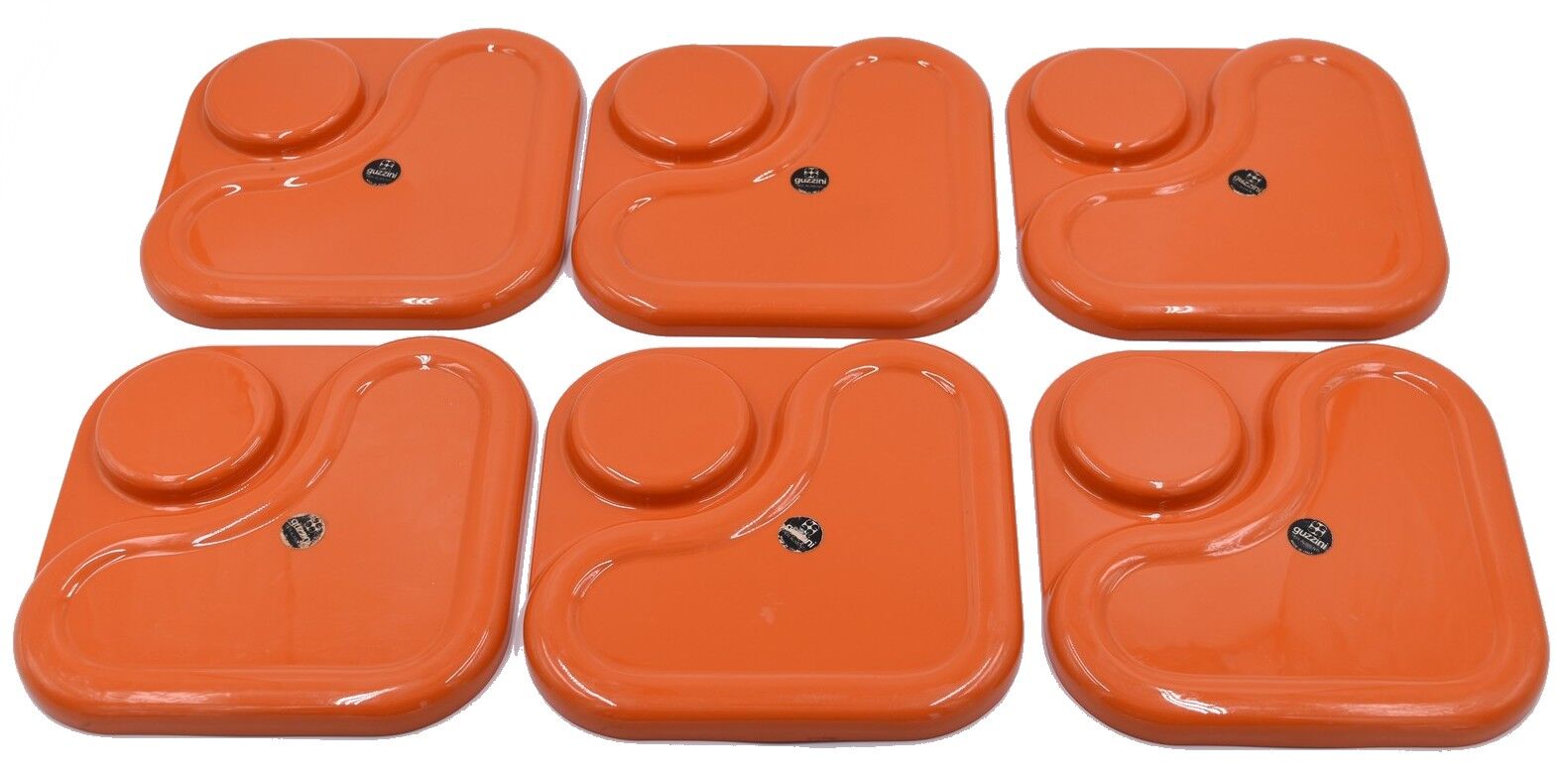 6 orange Guzzini plates with vintage 70s compartments