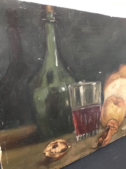 Natuere Morte (glass of wine, nuts, fruit, bread and knife)