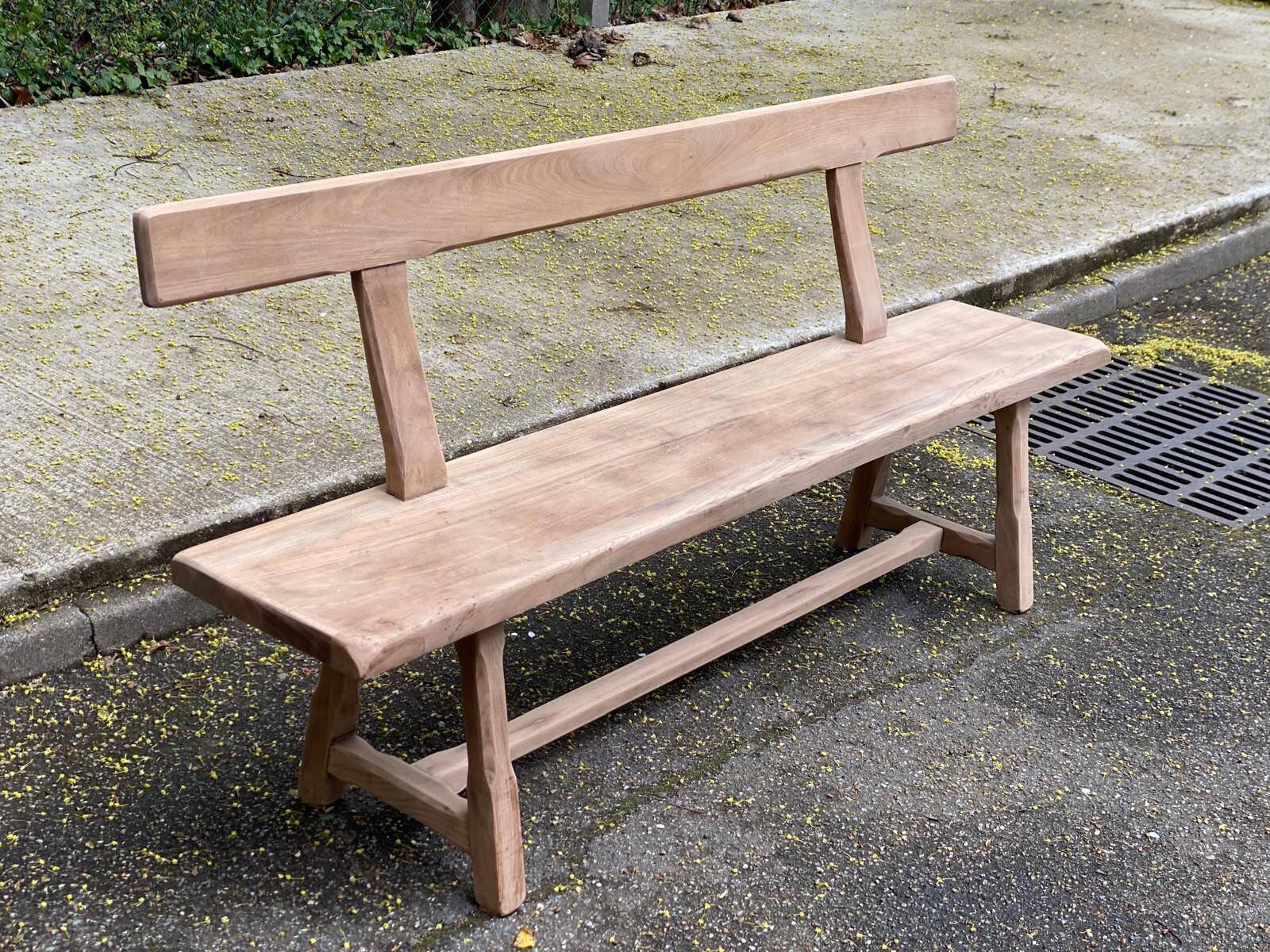 Renovated vintage farmhouse bench with a backrest in solid oak from the 20th century, 180cm.