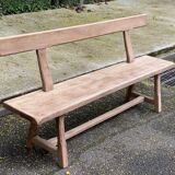 Renovated vintage farmhouse bench with a backrest in solid oak from the 20th century, 180cm.