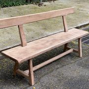 Renovated vintage farmhouse bench with a solid oak back from the 20th century, 180cm.