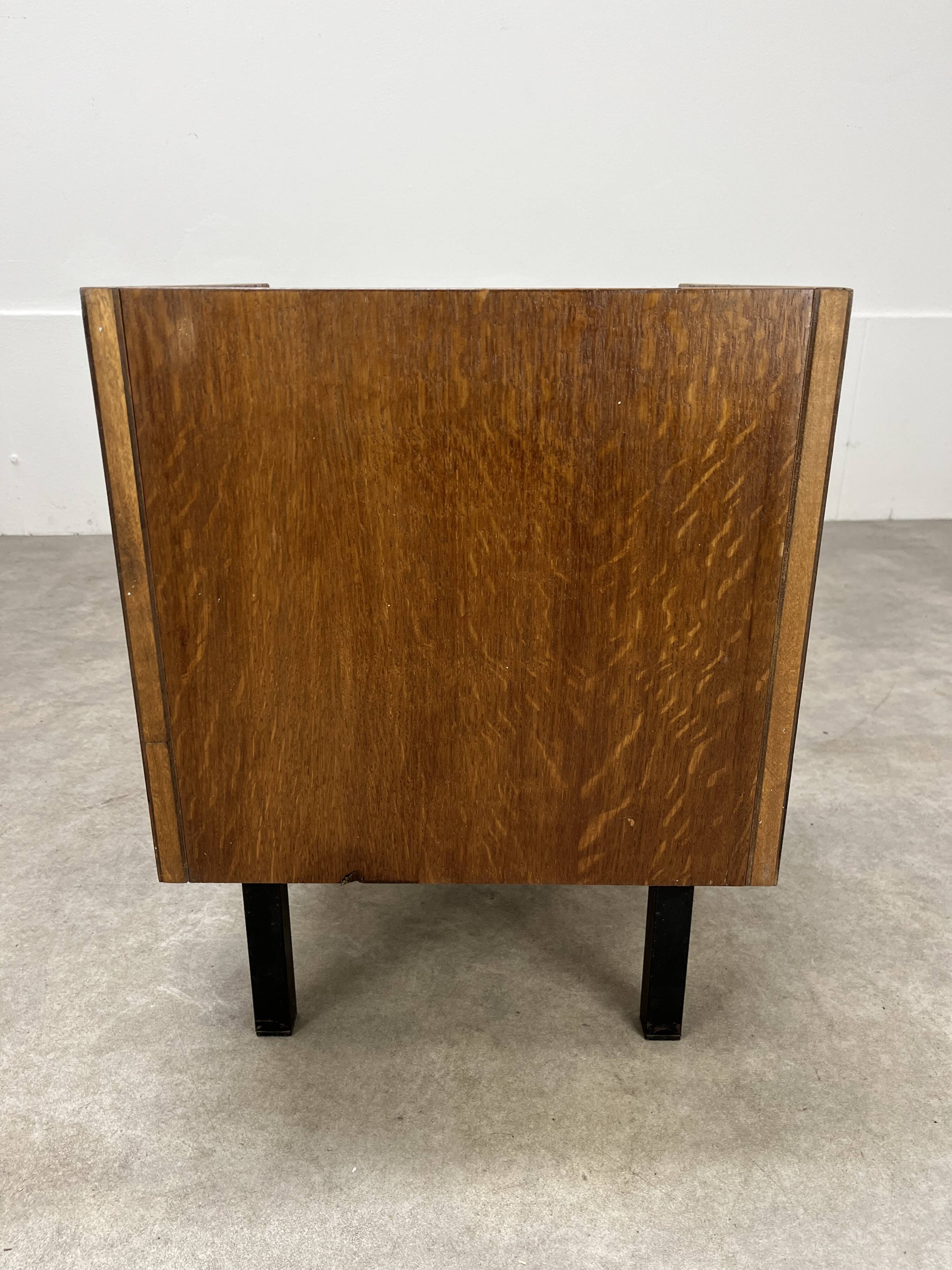 1950s modernist bedside table, wood and metal, vintage