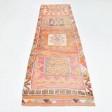 Tapis couloir kilim vintage , Orange, rose et beige boho pastel, 98x332 Cm