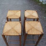 Set of 4 bar stools wood and straw