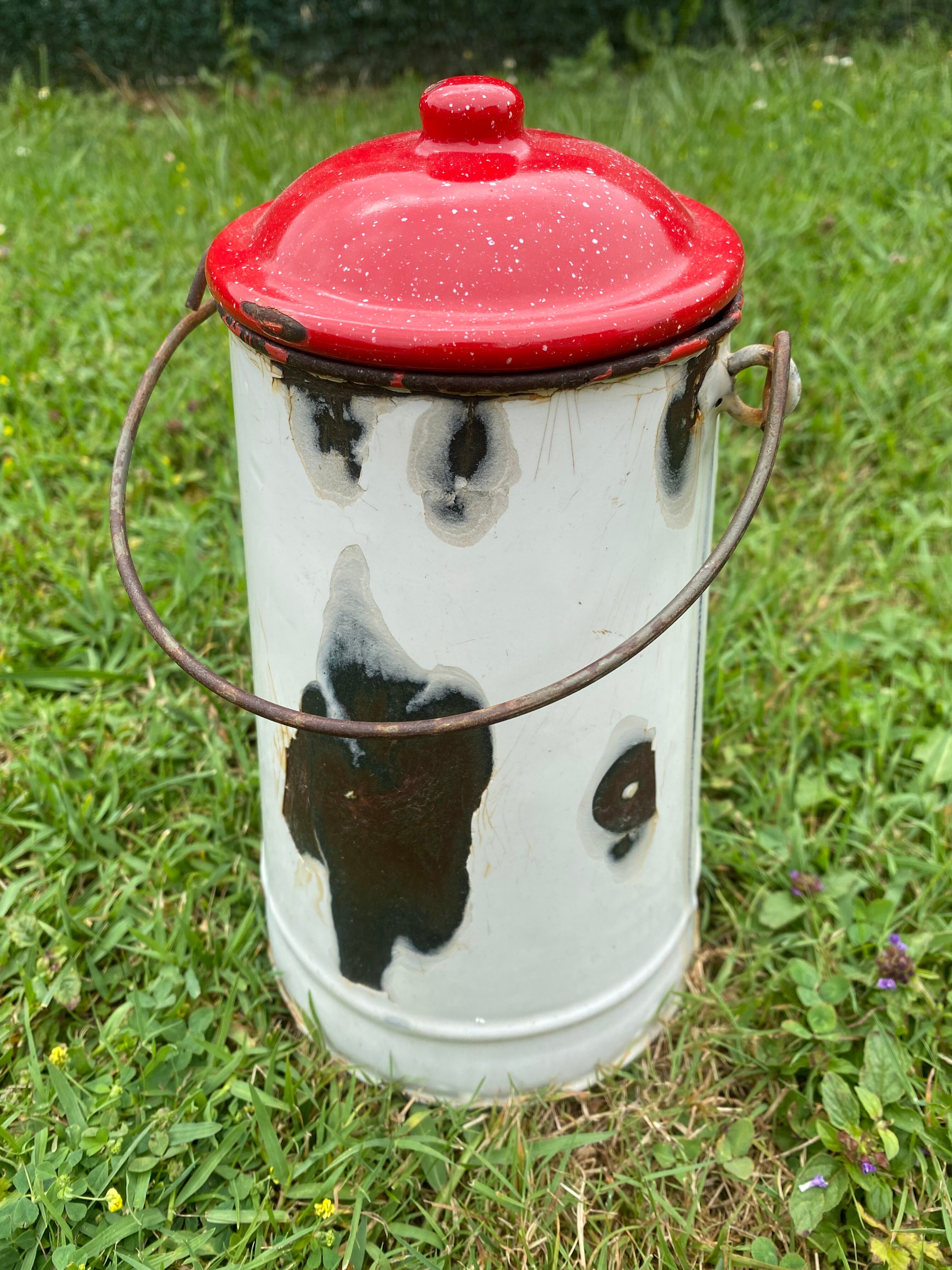 Old milk pot in enamelled sheet metal