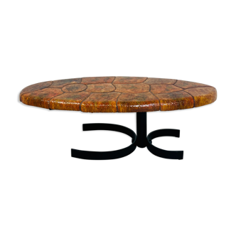 Oval coffee table in orange glazed ceramic, 60s