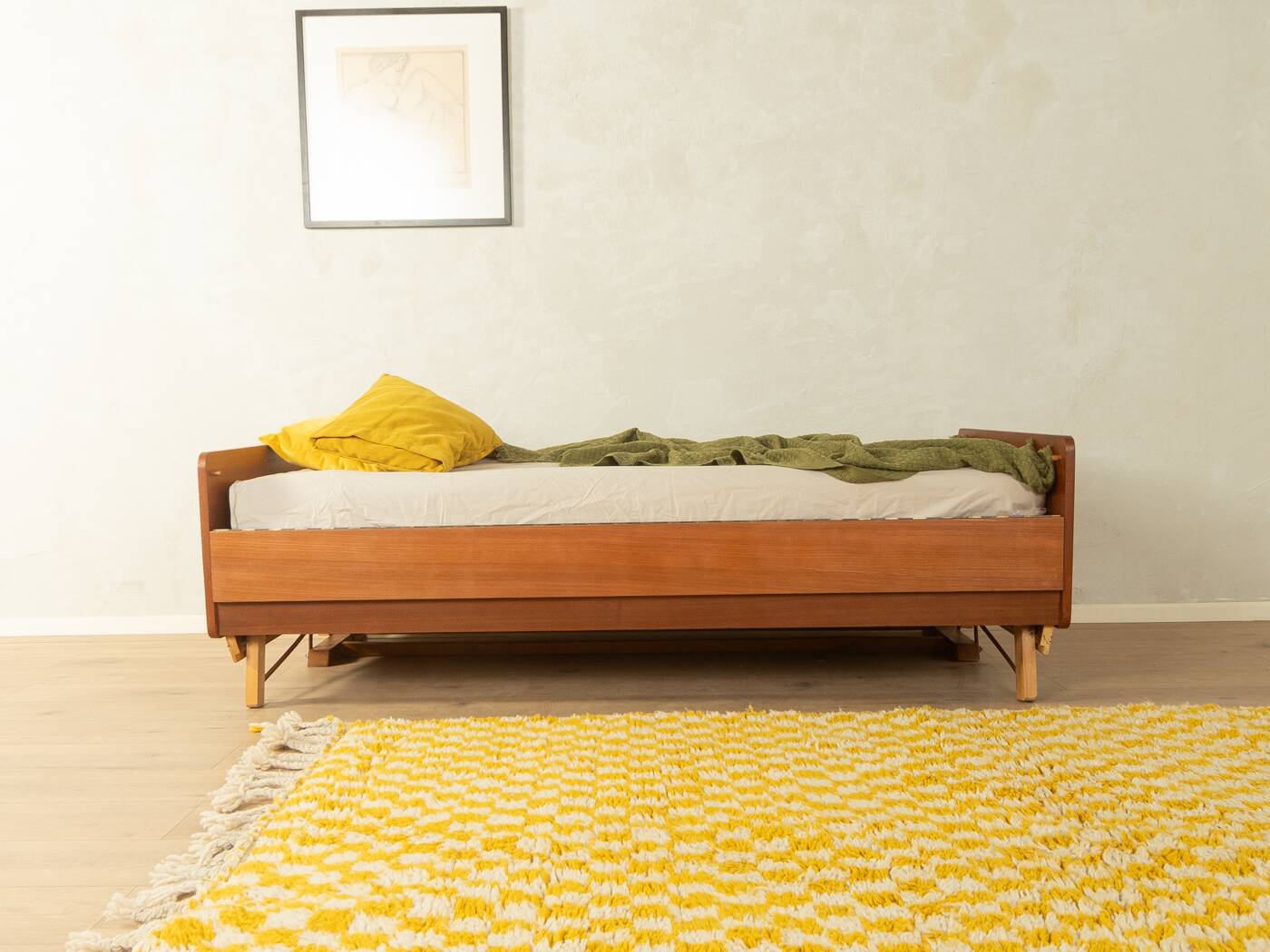 Functional folding bed from the 1960s, teak veneer