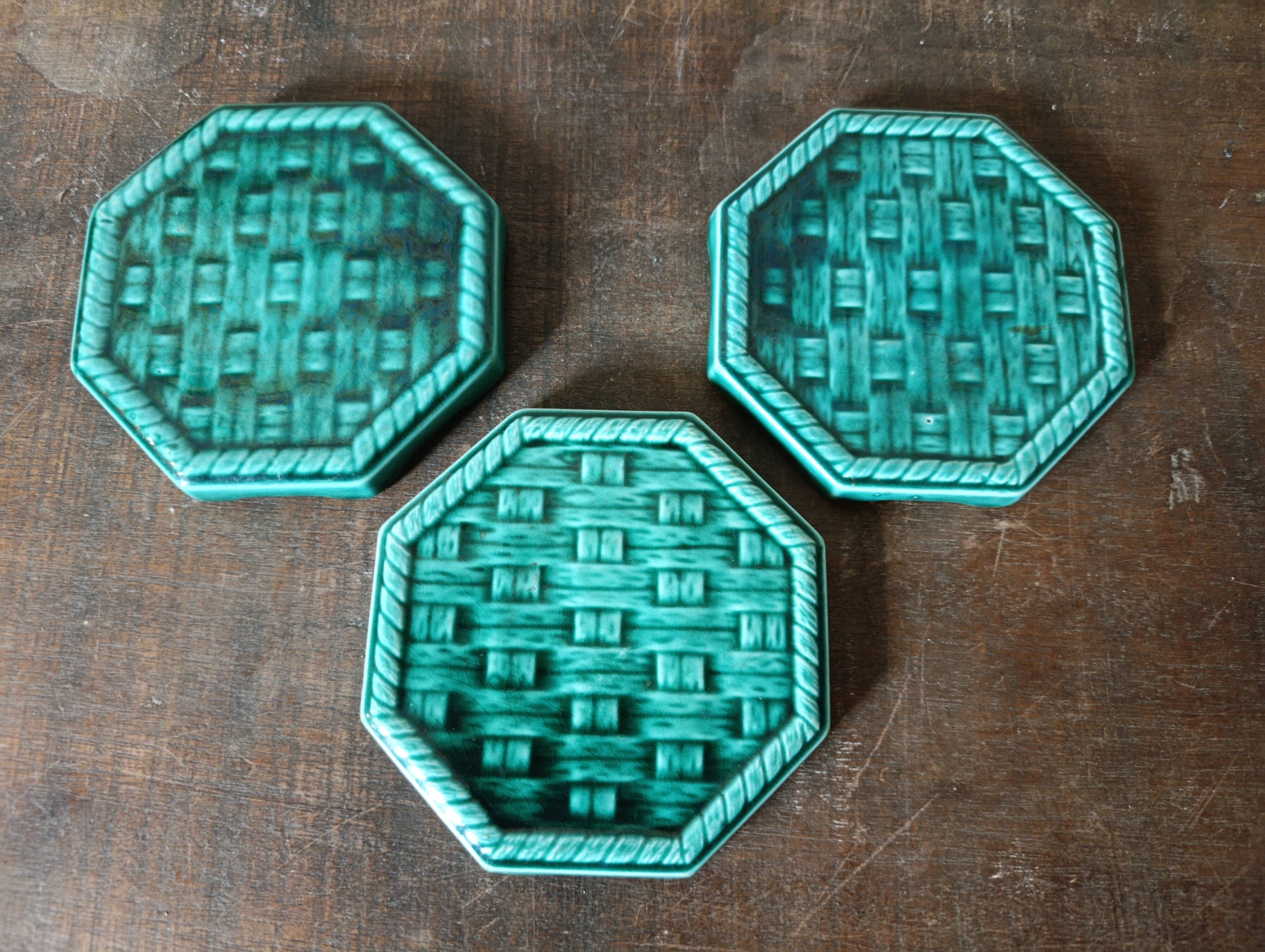 Vintage Digoin France emerald green majolica trivet and coaster set