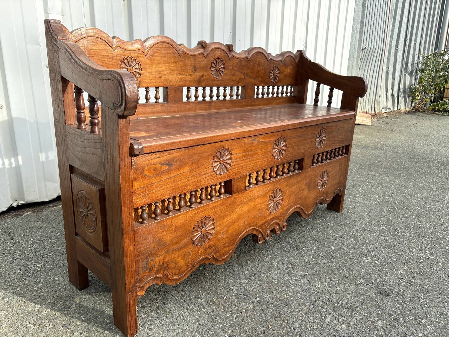 Carved wooden storage bench – rustic Savoyard style