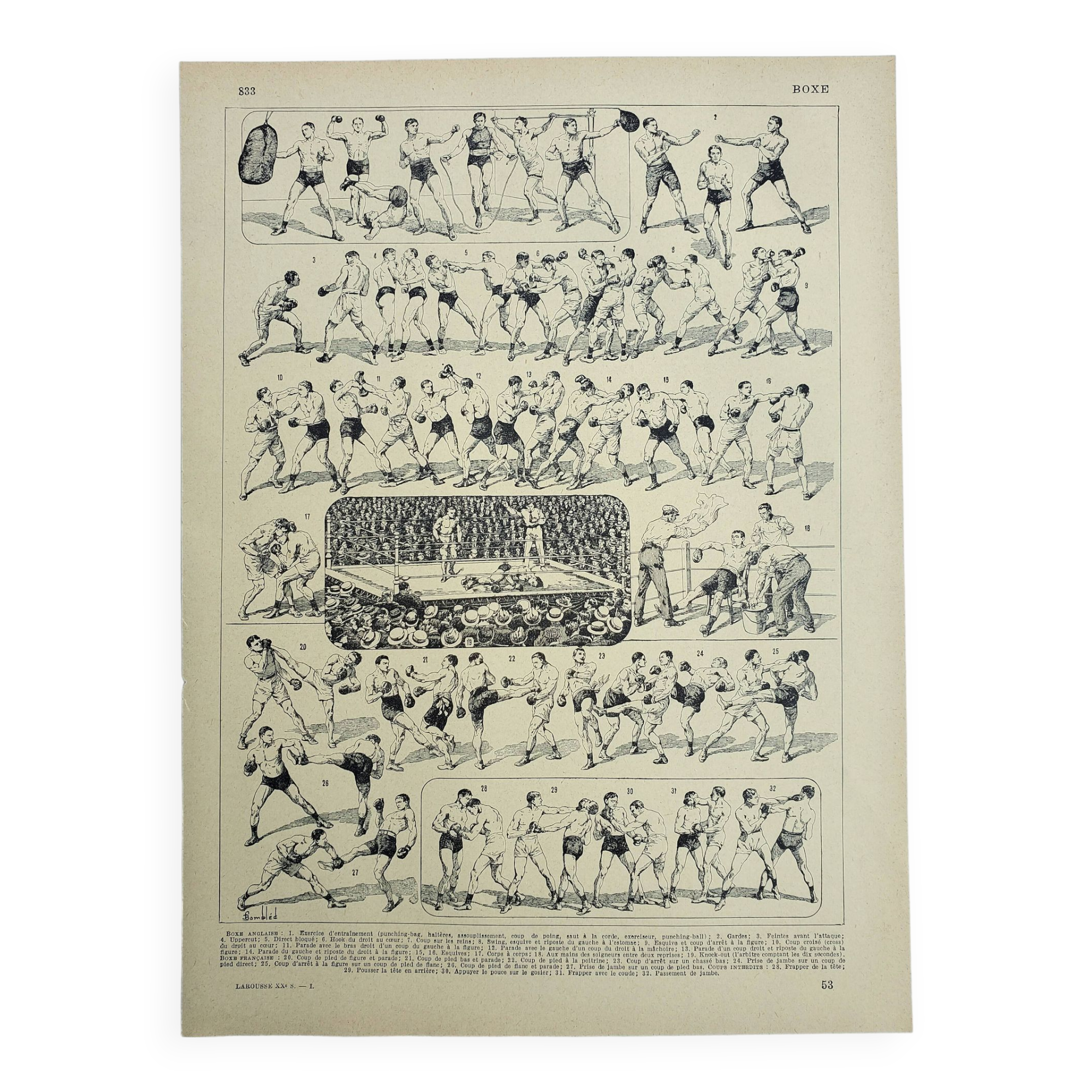 Old engraving 1928, Boxing, combat, technique, training • Lithograph, Original plate