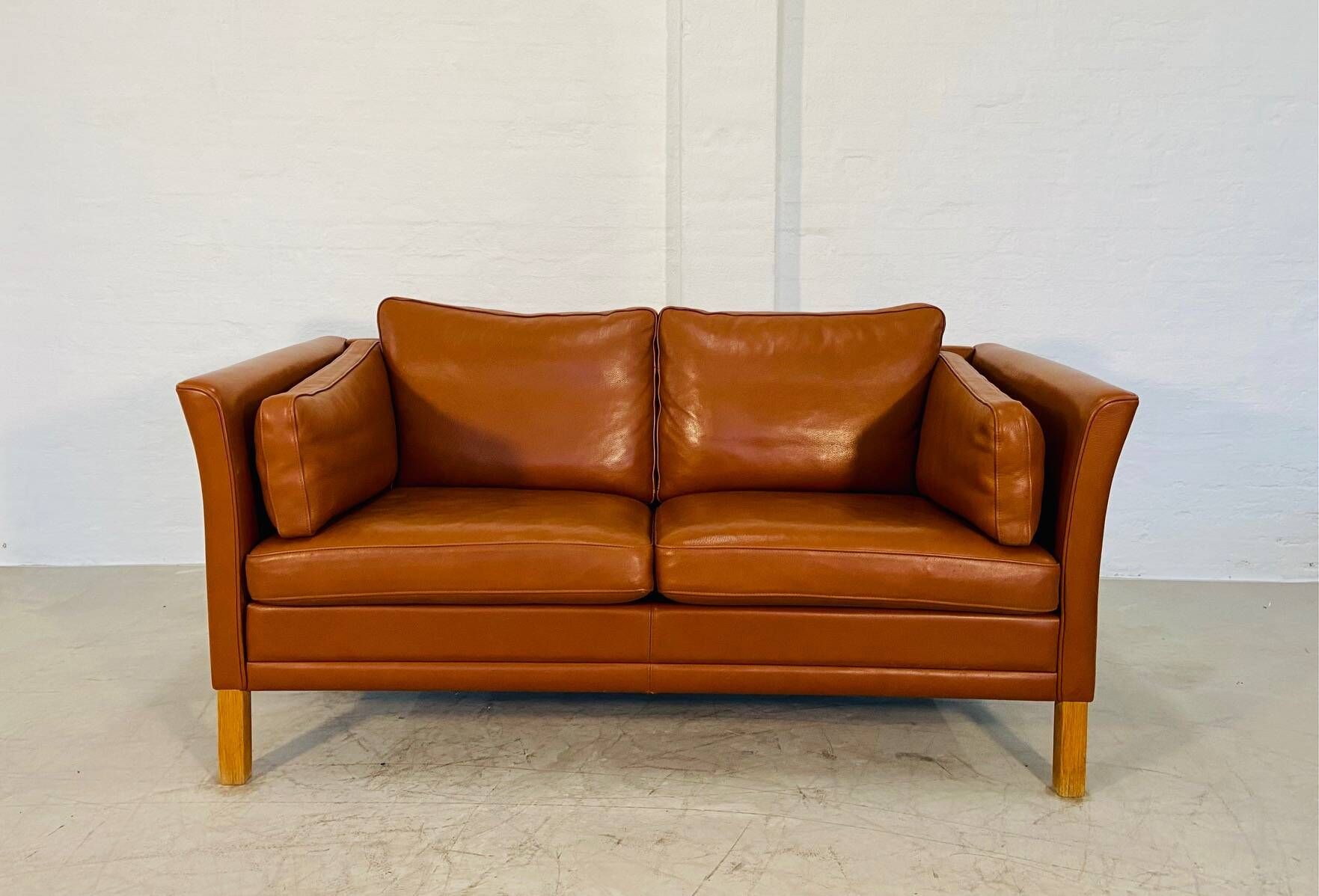 Vintage retro danish mogens hansen 2 person cognac leather sofa