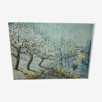 Tableau huile sur toile barque dans paysage enneigé