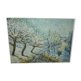 Tableau huile sur toile barque dans paysage enneigé