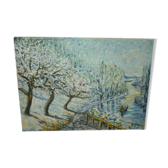 Tableau huile sur toile barque dans paysage enneigé