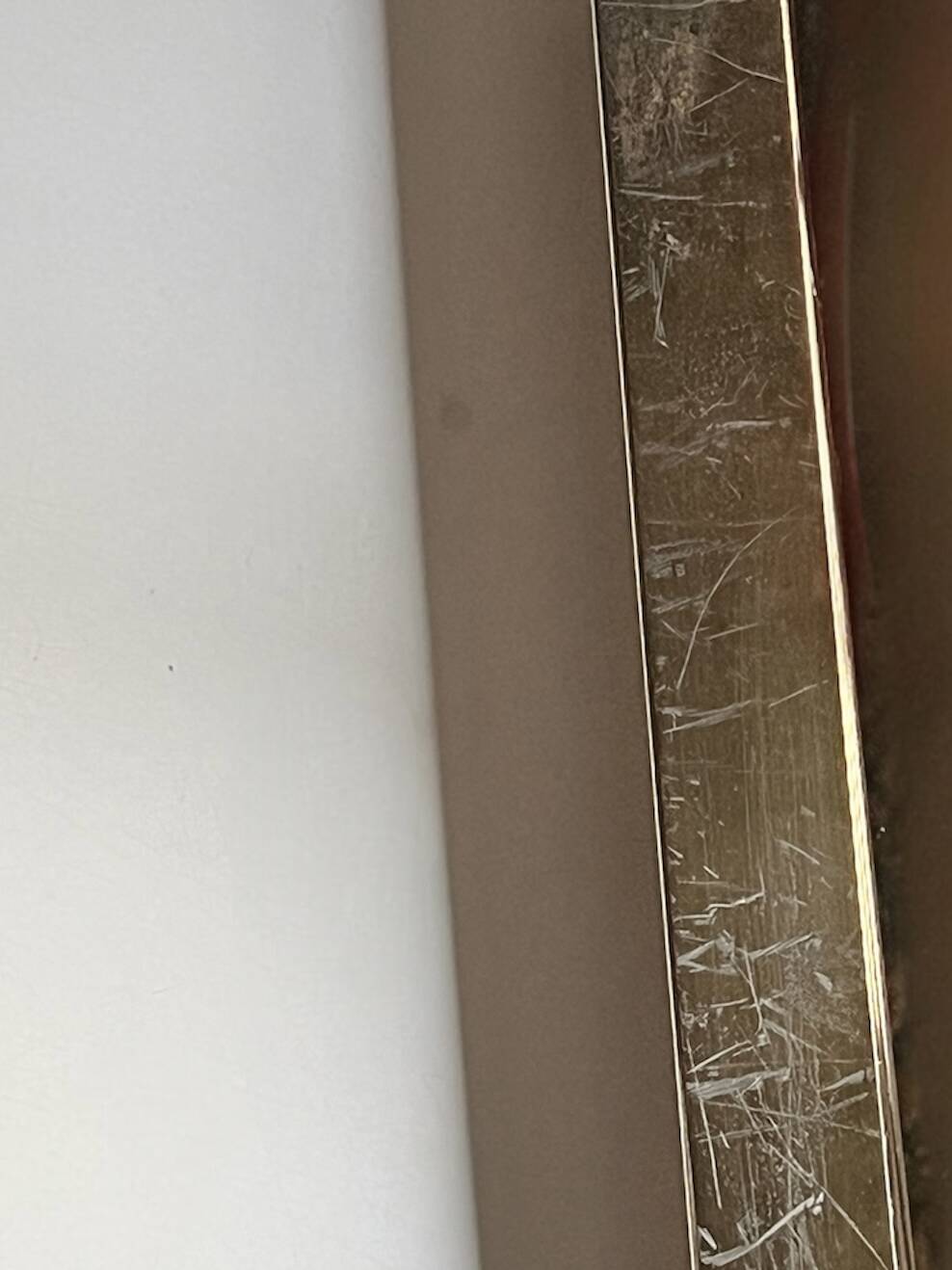 Rectangular coffee table with rounded edges, lacquered metal, brass & smoked mirror, 70s design.