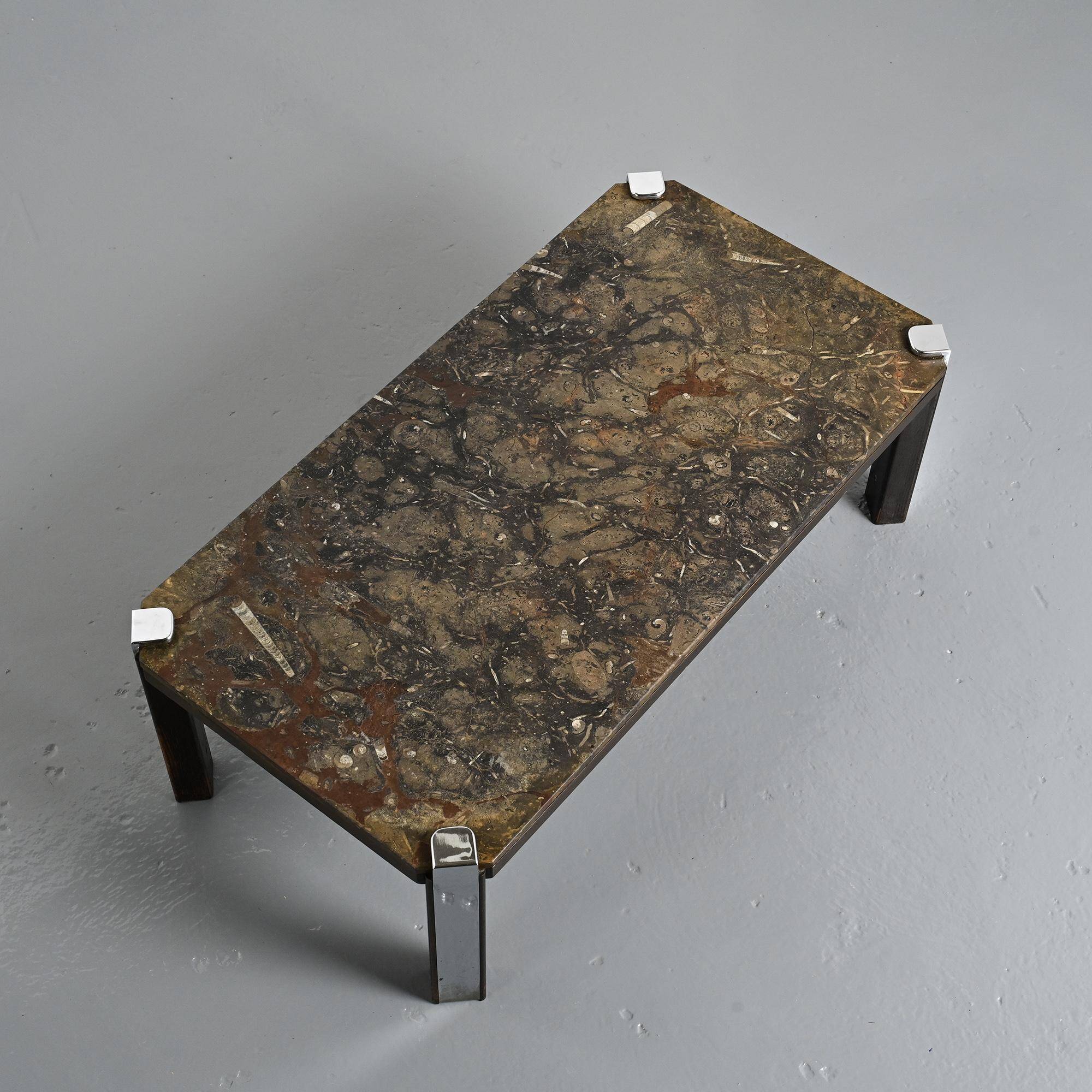 Fossil stone and chrome metal coffee table, Fossile Collection, Switzerland, circa 1980.