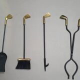 Vintage Set of five Brass Fireplace Tools in Golf Themed Clubs, France circa 1950's