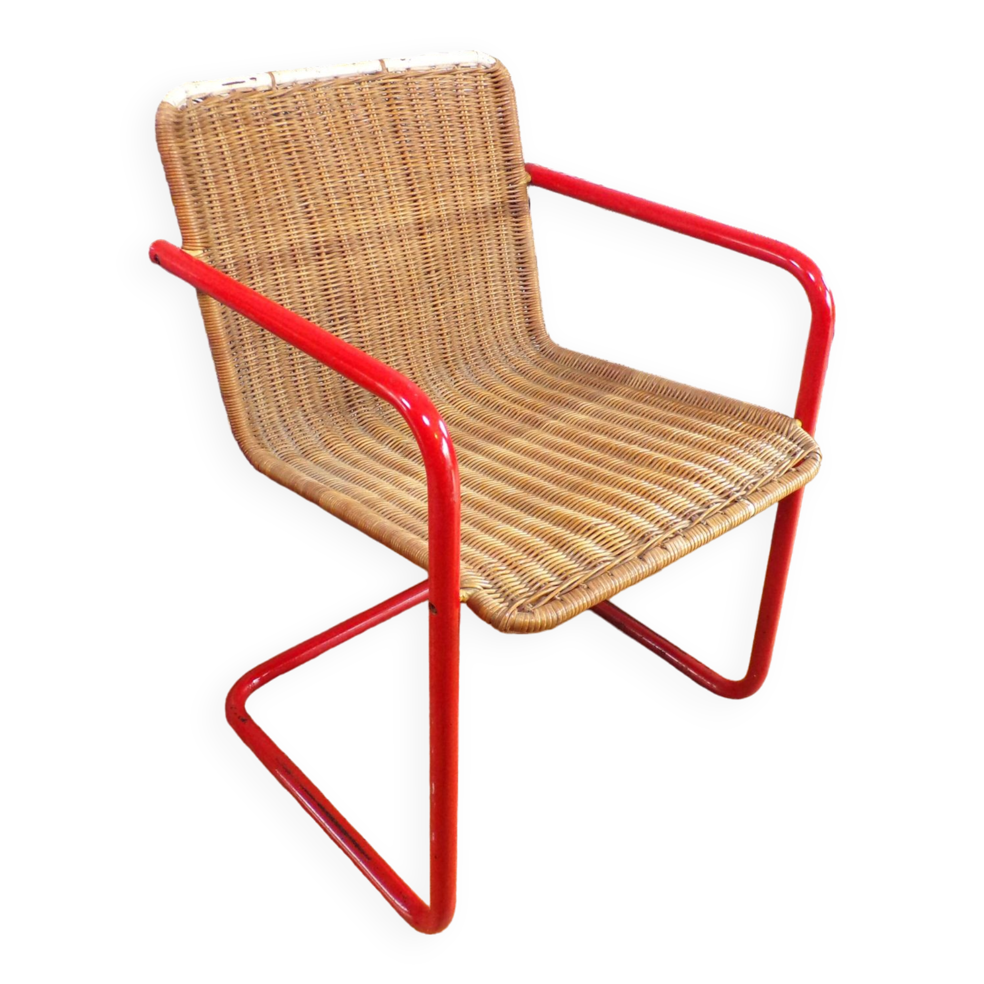 Chaise cantilever rotin et métal design 1980