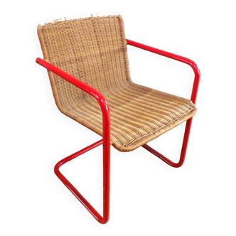 Chaise cantilever rotin et métal design 1980