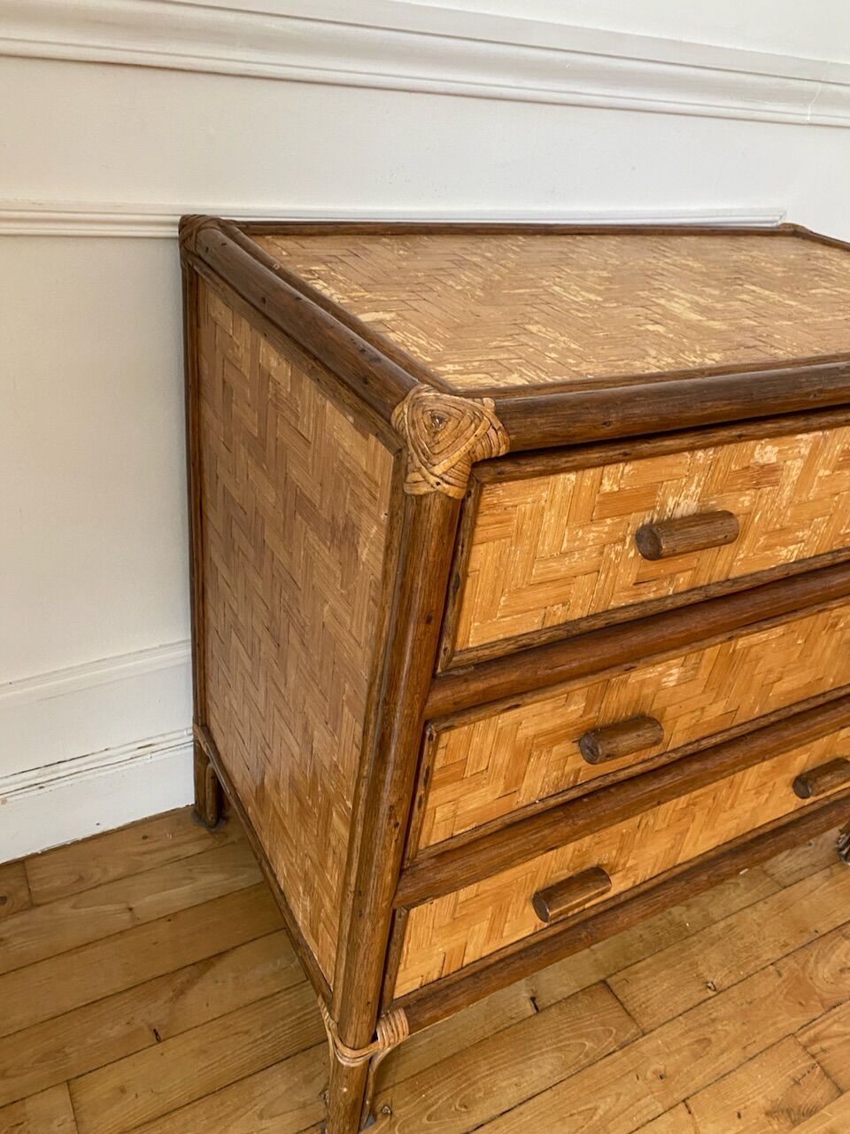 Rattan and vintage bamboo chest of drawers