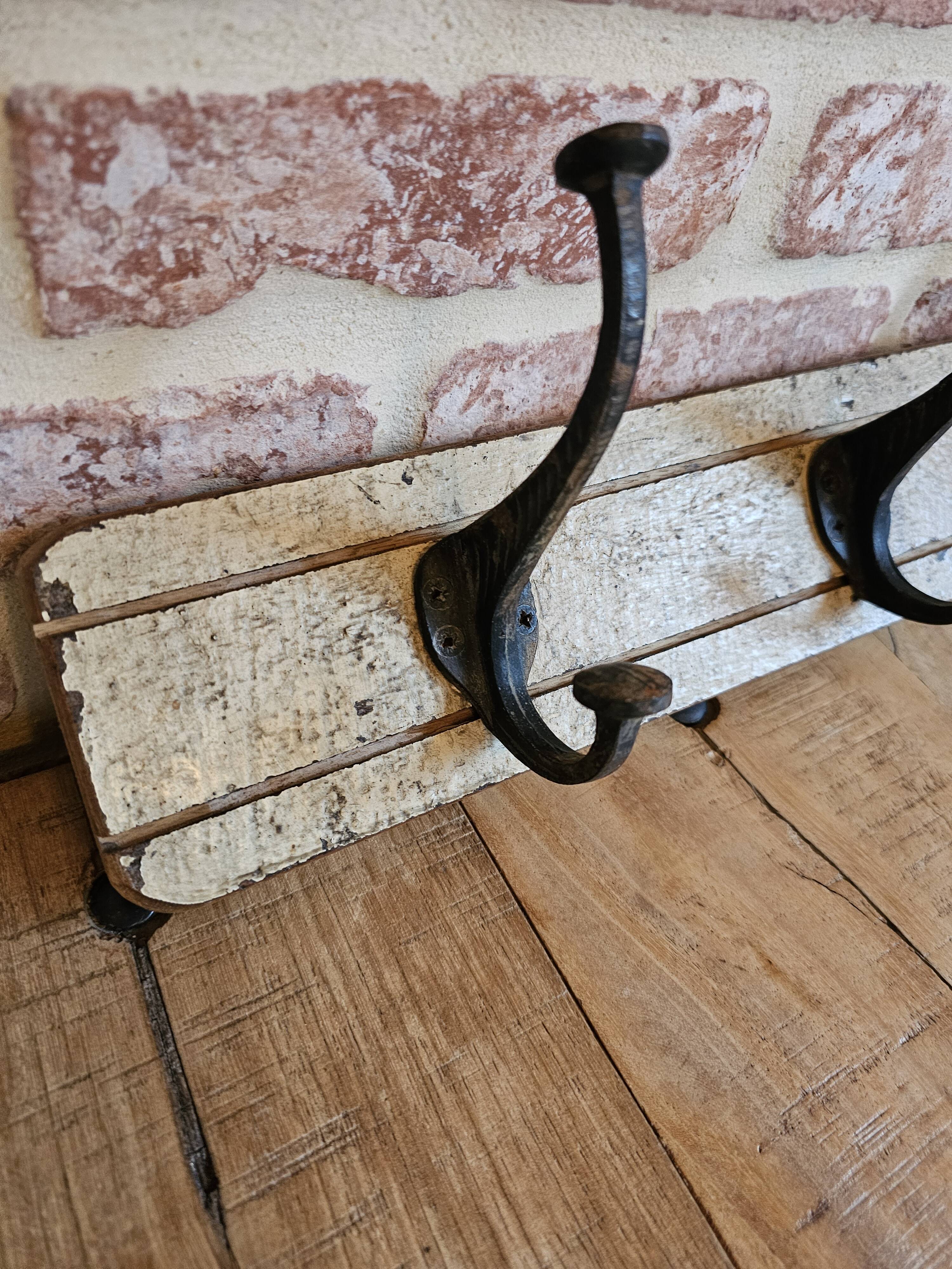 Solid teak coat hook with 4 double cast iron hooks