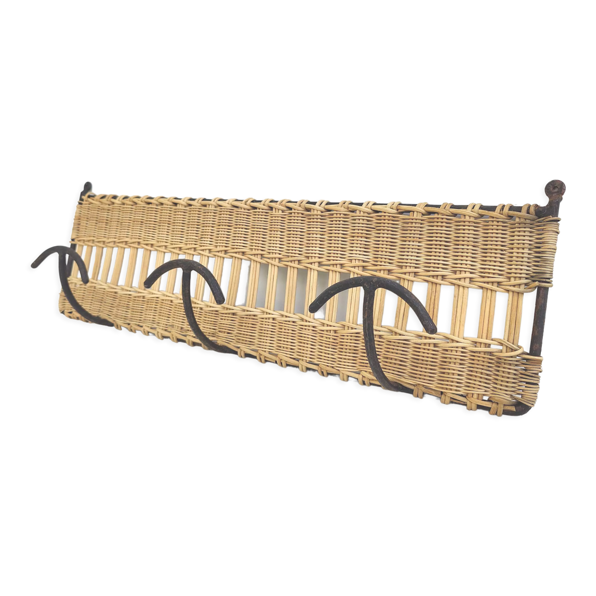 Wall coat rack 3 hooks in iron and woven wicker