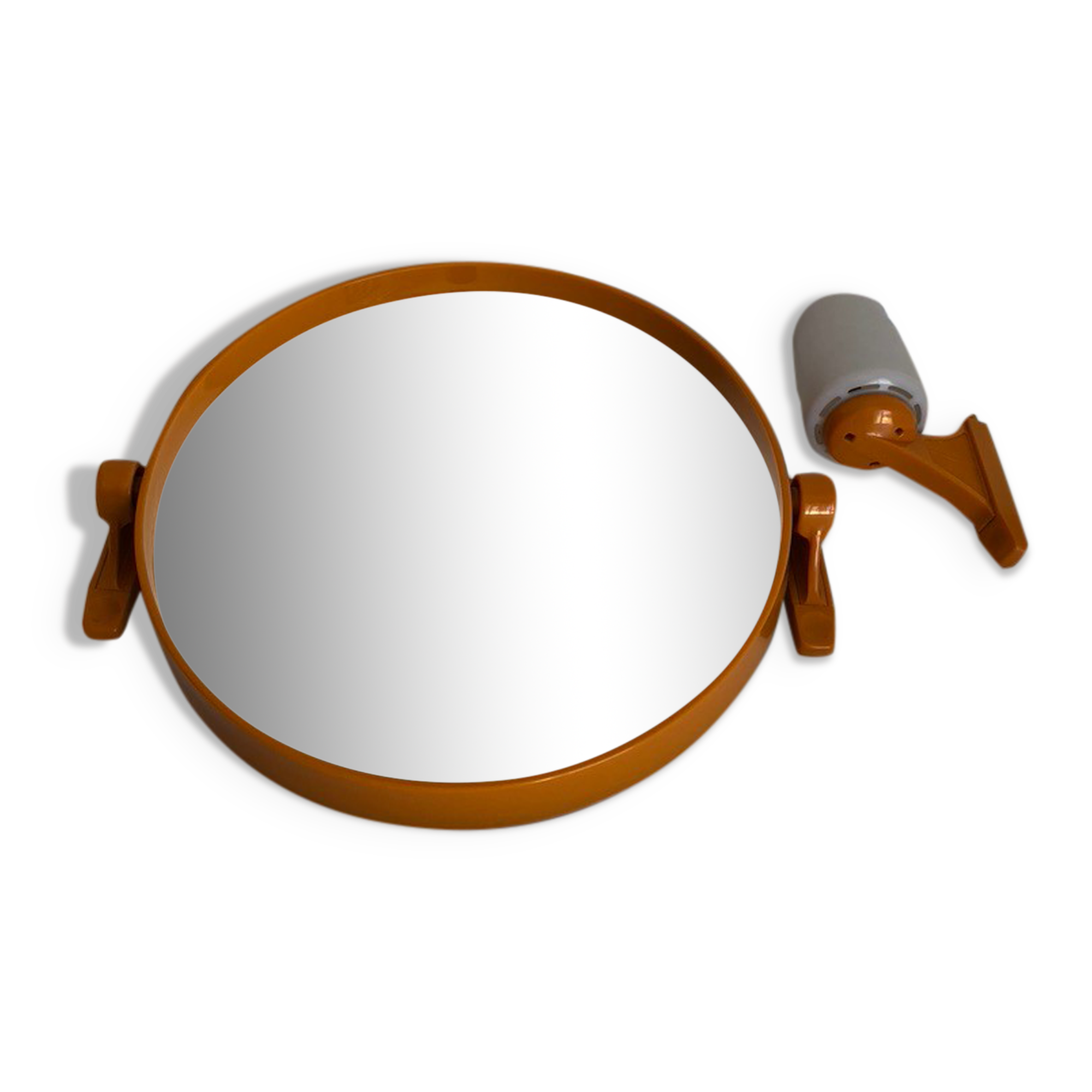 Tiltable orange plastic mirror with matching wall light
