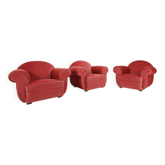 Ensemble de 3 fauteuils Art Déco en velours rouge, années 1930